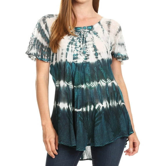 Sakkas Allegra Women's Short Sleeve Loose Fit Casual Tie Dye Blouse Tunic Shirt - TealBlue - One Size