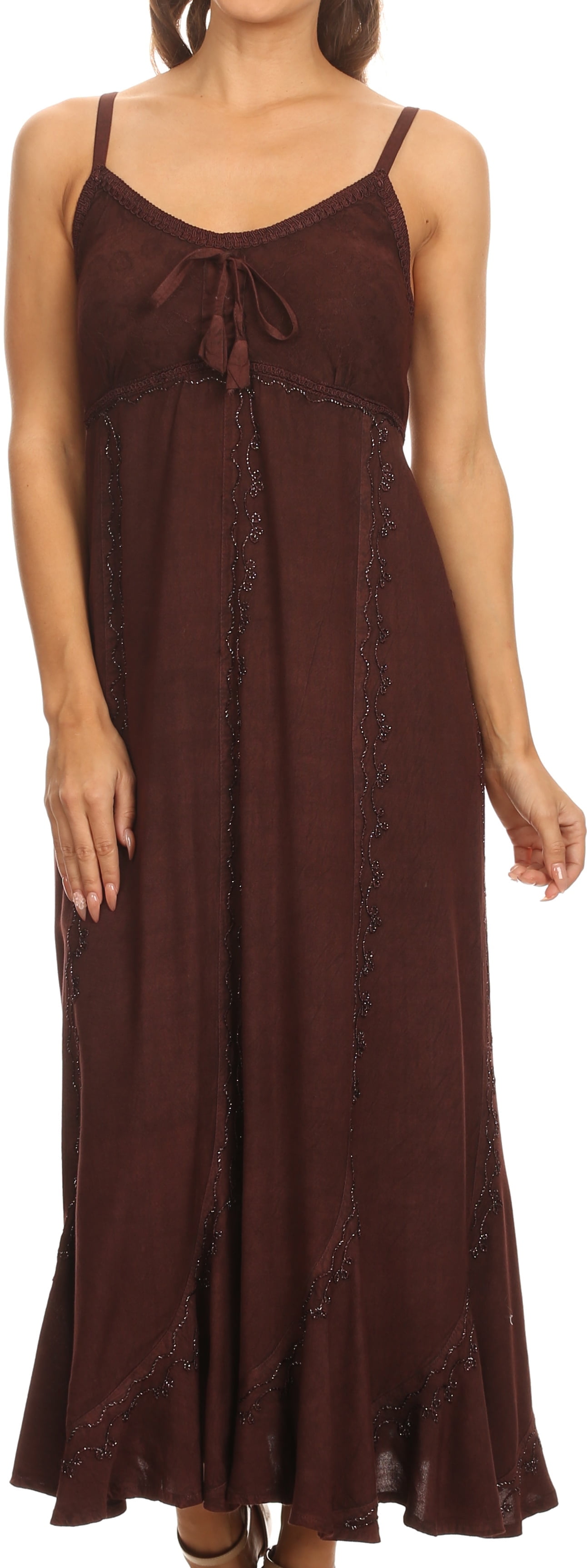 Sakkas Allie Stonewashed Embroidered Adjustable Spaghetti Straps Long Dress  - Chocolate - 1X/2X - Walmart.com