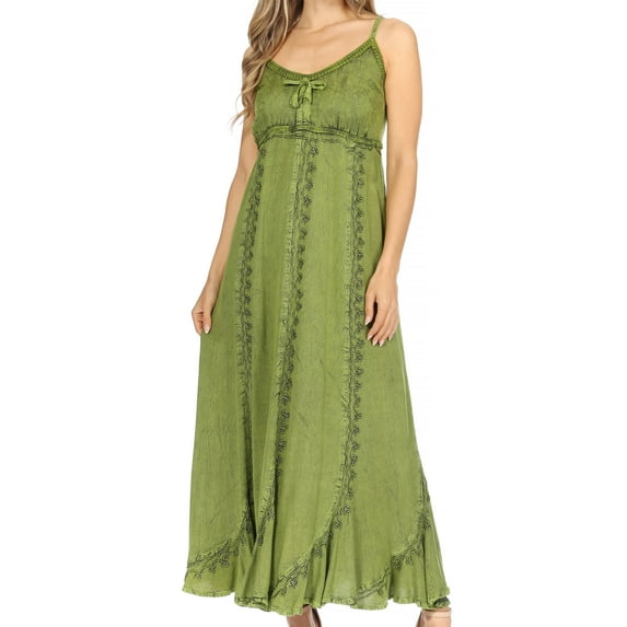 Sakkas Allie Stonewashed Embroidered Adjustable Spaghetti Straps Long Dress - Green - 1X/2X
