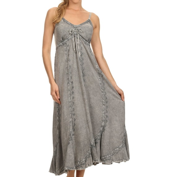 Sakkas Allie Stonewashed Embroidered Adjustable Spaghetti Straps Long Dress - Grey - 1X/2X