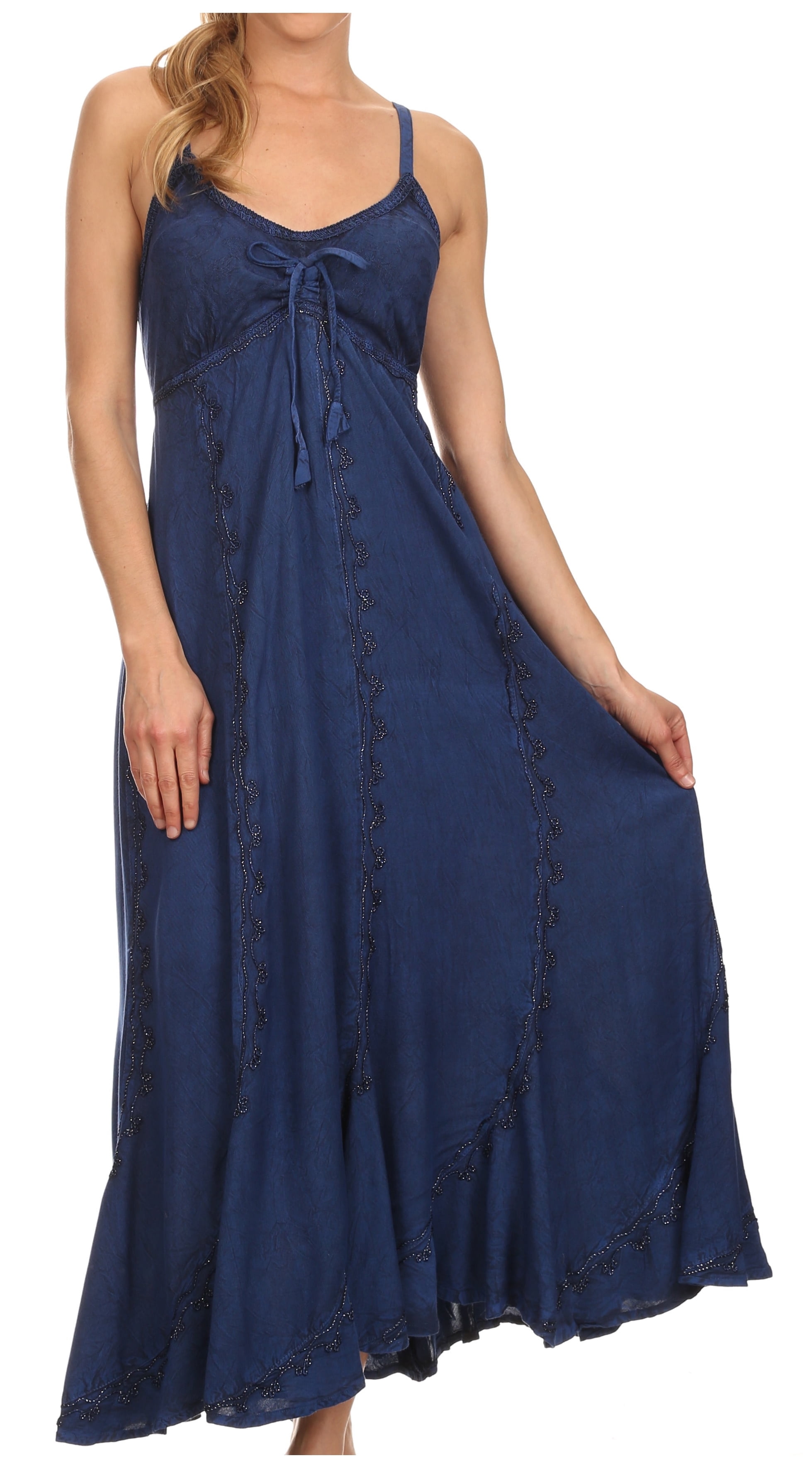 Sakkas Allie Stonewashed Embroidered Adjustable Spaghetti Straps Long Dress  - Navy - L/XL - Walmart.com