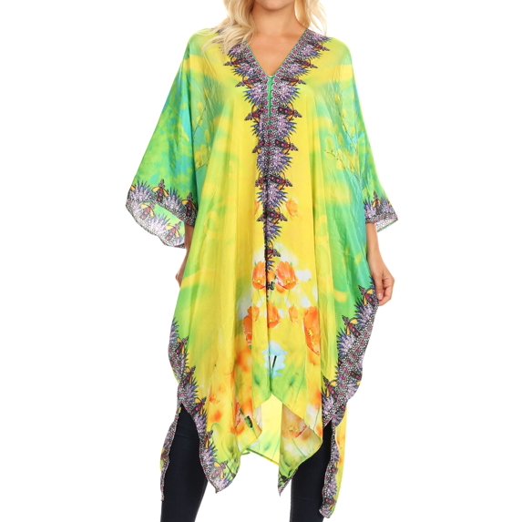Sakkas Alvita Women's V Neck Beach Dress Top Caftan Cover up with Rhinestones - FLM102-Multi - One Size Regular