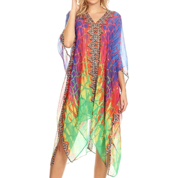 Sakkas Alvita Women's V Neck Beach Dress Top Caftan Cover up with Rhinestones - JFM91-Multi - One Size Regular