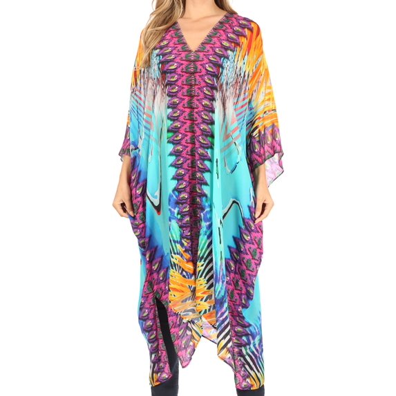 Sakkas Alvita Women's V Neck Beach Dress Top Caftan Cover up with Rhinestones - ONT85-Turq - One Size Regular