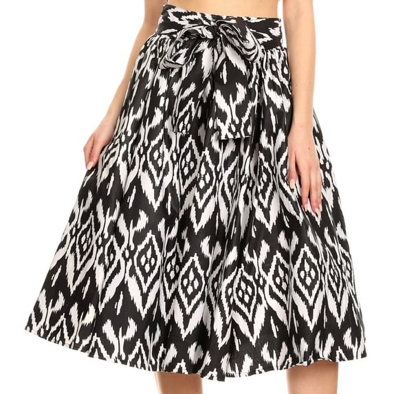 Sakkas Ama Women's Vintage Circle African Ankara Print Midi Skirt with Pockets - 111-Black/white - One Size Regular