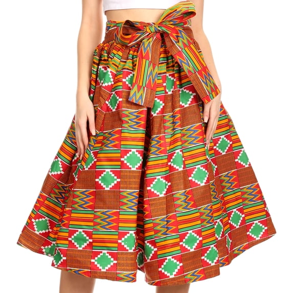 Sakkas Ama Women's Vintage Circle African Ankara Print Midi Skirt with Pockets - 116-RedAztec - One Size Regular