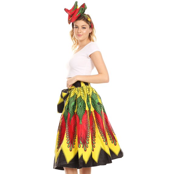 Sakkas Ama Women's Vintage Circle African Ankara Print Midi Skirt with Pockets - 147-Multi - One Size Regular