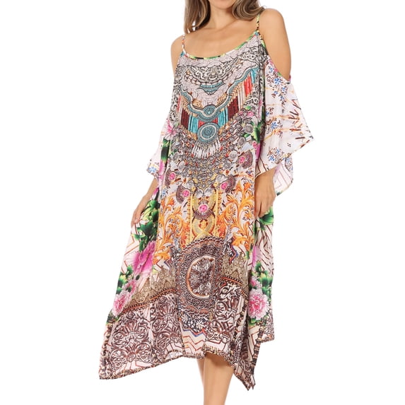 Sakkas Amaya Loose Fit Long Printed Strappy Cutout Shoulder Boat Neck Kaftan Dress - FLM149-Multi - One Size