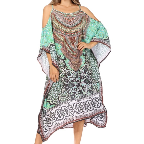 Sakkas Amaya Loose Fit Long Printed Strappy Cutout Shoulder Boat Neck Kaftan Dress - ORTU144-Turq - One Size