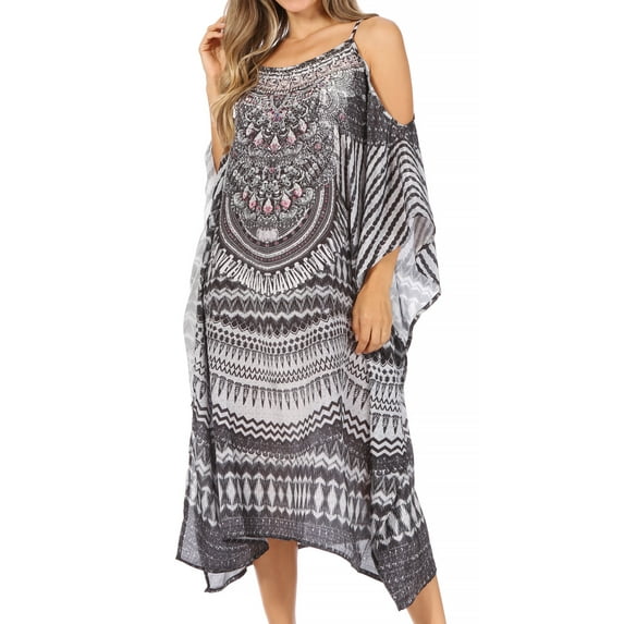 Sakkas Amaya Loose Fit Long Printed Strappy Cutout Shoulder Boat Neck Kaftan Dress - TRW147-White - One Size