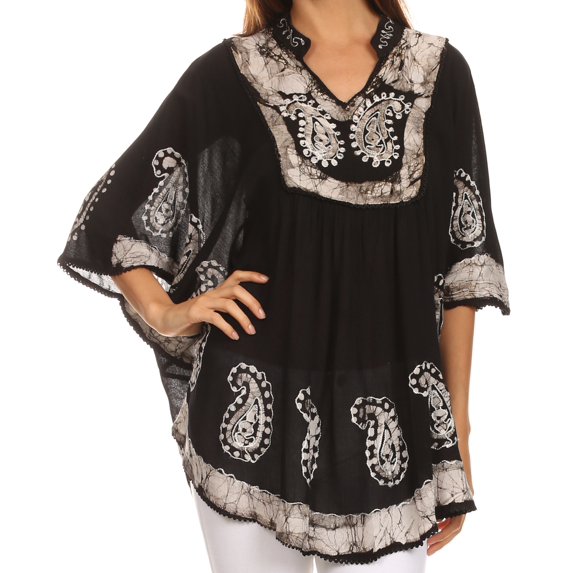 Sakkas Amori V-Neck Embroidery Poncho Top / Cover Up - Black / White - OS