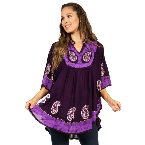 Sakkas Amori V-Neck Embroidery Poncho Top / Cover Up - Eggplant/Purple - One Size