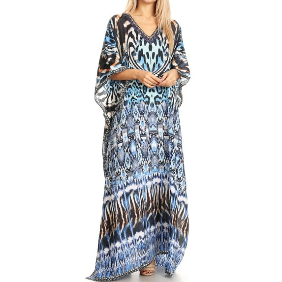 Sakkas Anahi Flowy Design V Neck Long Caftan Dress / Cover Up With Rhinestone - 17173-Black / White / Turq - One Size Regular