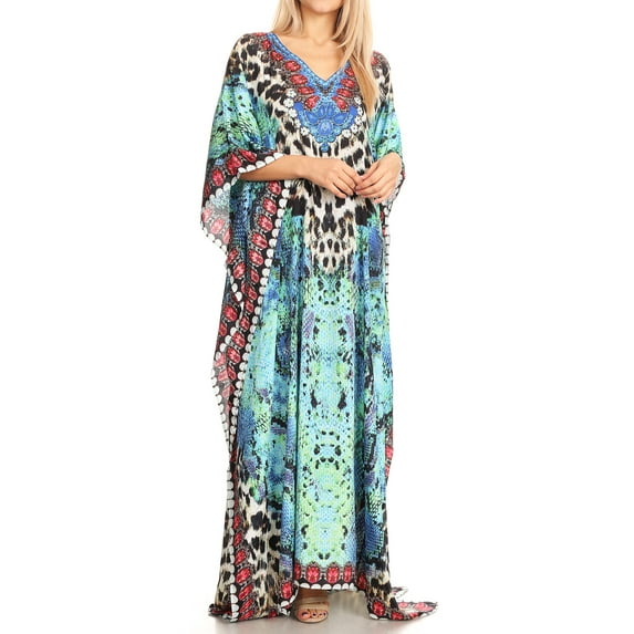 Sakkas Anahi Flowy Design V Neck Long Caftan Dress / Cover Up With Rhinestone - 17174-Turq / Black - One Size Regular