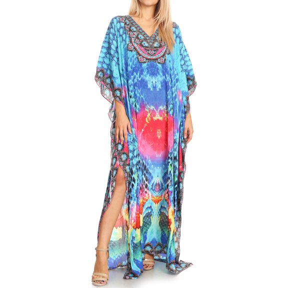 Sakkas Anahi Flowy Design V Neck Long Caftan Dress / Cover Up With Rhinestone - 17179-Turq / Pink - One Size Regular