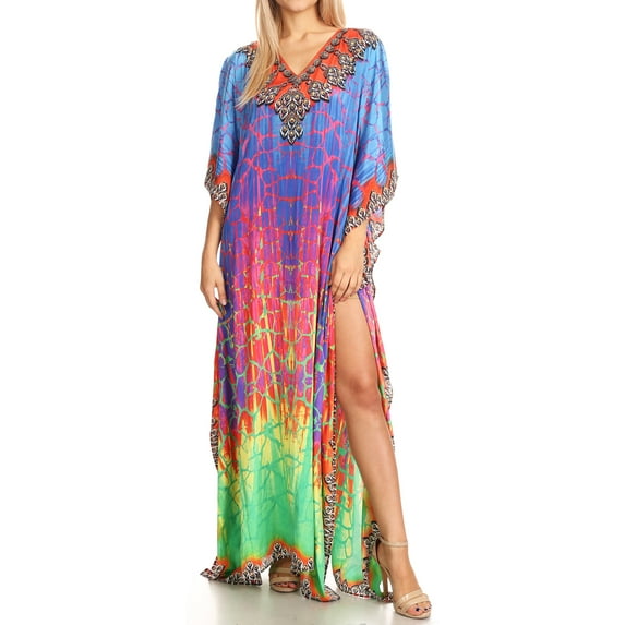 Sakkas Anahi Flowy Design V Neck Long Caftan Dress / Cover Up With Rhinestone - 17181-Green / Blue - One Size Regular