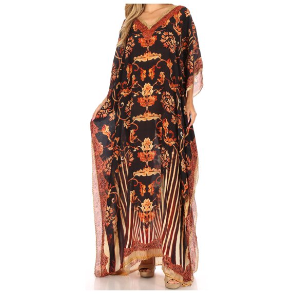 Sakkas Anahi Flowy Design V Neck Long Caftan Dress / Cover Up With Rhinestone - 17188-Black / Brown - One Size