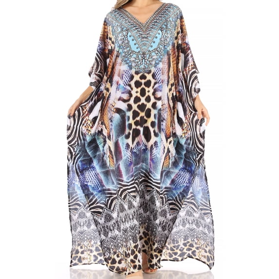 Sakkas Anahi Flowy Design V Neck Long Caftan Dress / Cover Up With Rhinestone - SCBR226-Brown - One Size