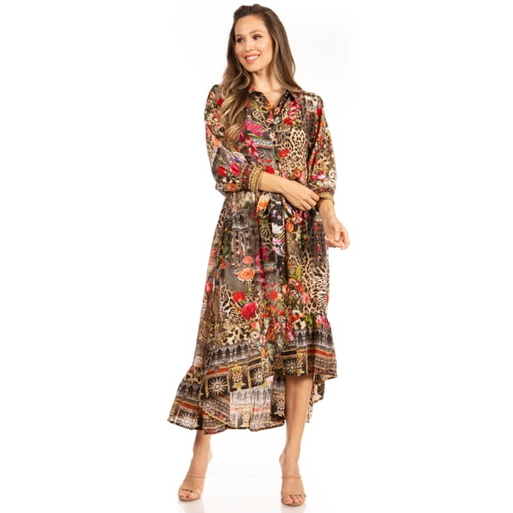 Sakkas Andreas Women's Maxi Long Sleeve Button Down Floral Ruffle Dress Pockets - 591-Multi - L/XL