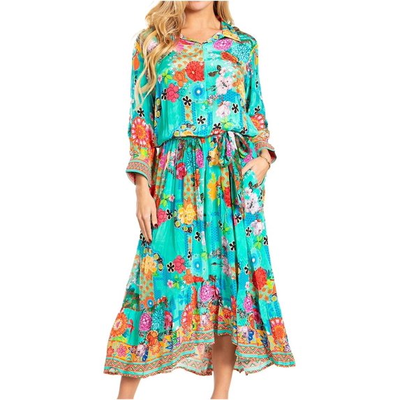 Sakkas Andreas Women's Maxi Long Sleeve Button Down Floral Ruffle Dress Pockets - 639 - S/M