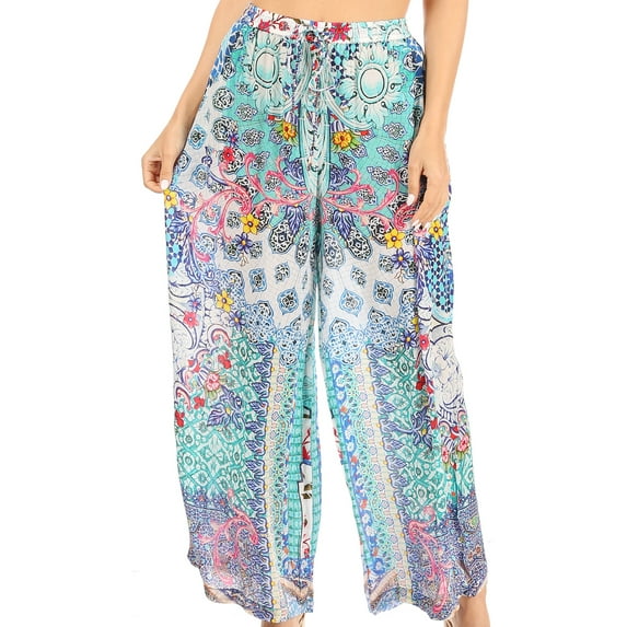 Sakkas Anie Women's Boho Casual Flowy Flare Palazzo Wide Leg Pants Floral Print - 490 - One Size