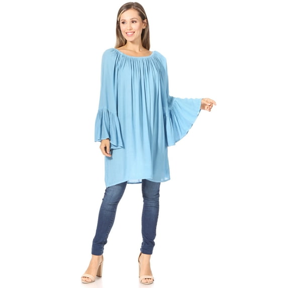 Sakkas Anna Casual Flowy Wide Neck 3/4 Sleeve Light Summer Boho Blouse Top - Blue - One Size Regular