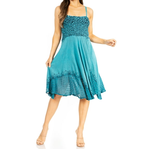 Sakkas Aphrodite Embroidered Batik Dress - A-Turquoise - One Size