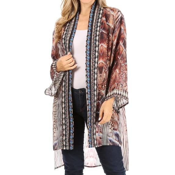 Sakkas Aremi Women Floral Printed Open Front Cardigan Top Boho Casual Short Sleeve - 485 - One Size
