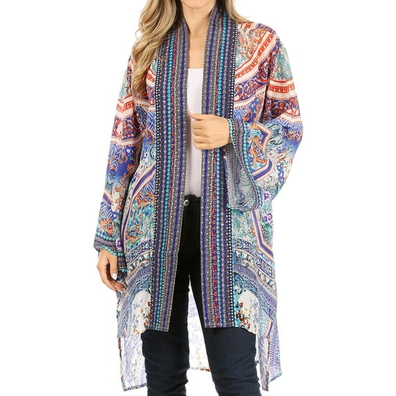 Sakkas Aremi Women Floral Printed Open Front Cardigan Top Boho Casual Short Sleeve - 487 - One Size