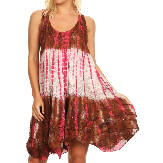 Sakkas Artemi Women's Casual Short Tie-dye Sleeveless Loose Tank Dress Cover-up - 191478-BrownPink - One Size
