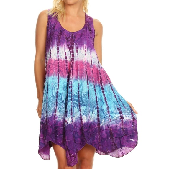 Sakkas Artemi Women's Casual Short Tie-dye Sleeveless Loose Tank Dress Cover-up - 191478-PurpleTurq - Plus Size
