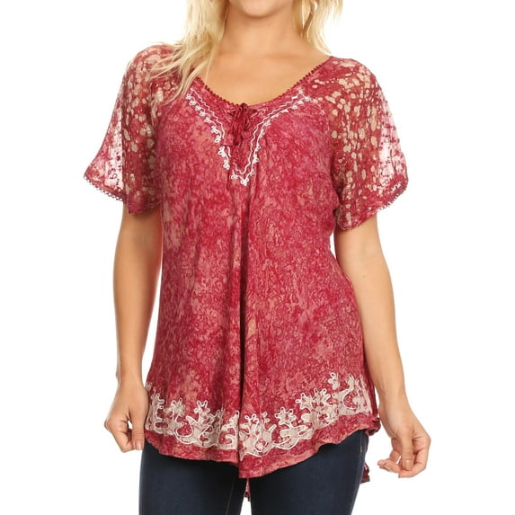 Sakkas Ash Speckled Tiedye Embroidered Cap Sleeve Blouse Top With Embroidery Hems - Brown / Burg - Plus Size