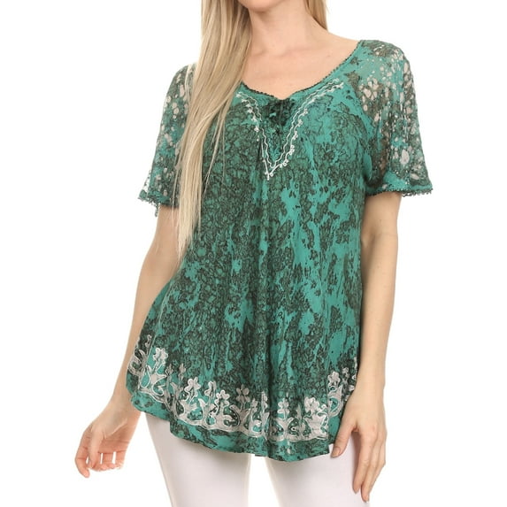 Sakkas Ash Speckled Tiedye Embroidered Cap Sleeve Blouse Top With Embroidery Hems - Green - Plus Size