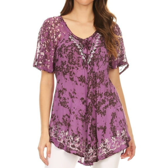 Sakkas Ash Speckled Tiedye Embroidered Cap Sleeve Blouse Top With Embroidery Hems - Light Purple - Plus Size