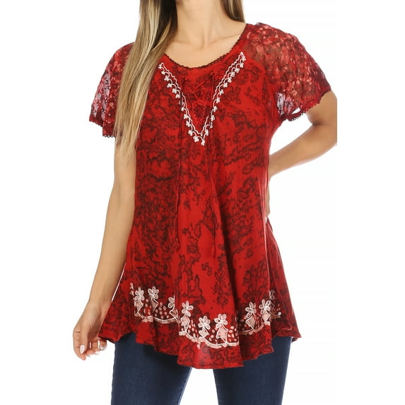 Sakkas Ash Speckled Tiedye Embroidered Cap Sleeve Blouse Top With Embroidery Hems - Red - One Size