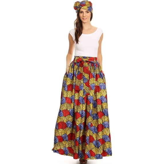 Sakkas Asma Convertible Traditional Wax Print Adjustable Strap Maxi Skirt | Dress - 1115-YellowBlue - One Size Regular