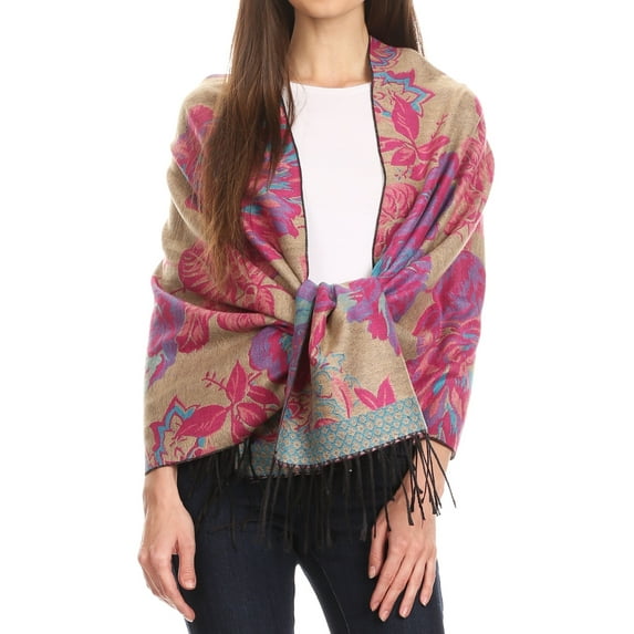 Sakkas Aurora Floral Rose Pashmina Scarf Shawl with Fringe Super Warm Soft Vegan - Beige / Pink - One Size Regular