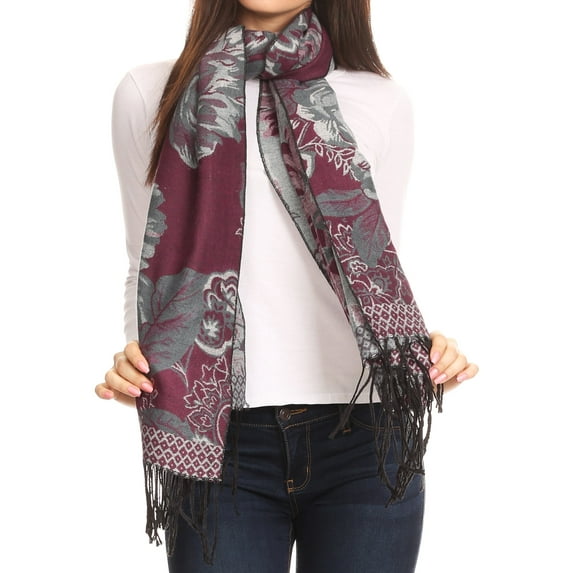 Sakkas Aurora Floral Rose Pashmina Scarf Shawl with Fringe Super Warm Soft Vegan - Eggplant/gray - One Size Regular