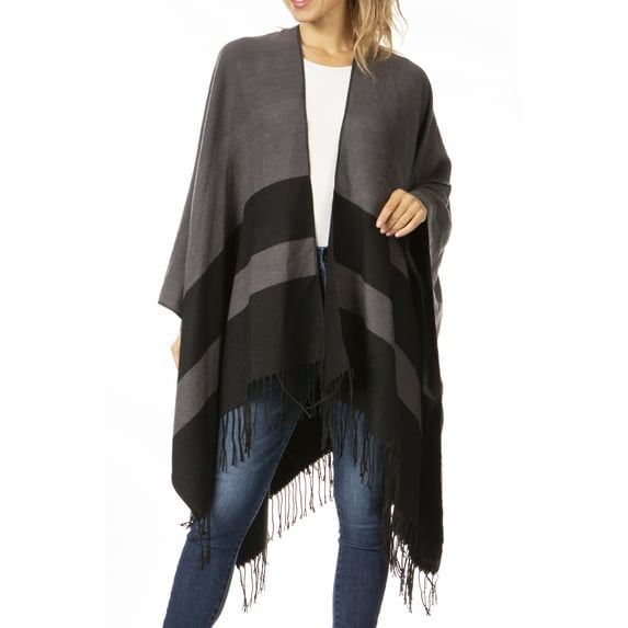 Sakkas Avi Women's Reversible Open Front Poncho Cardigan Ruana Cape Shawl W/Fringe - Border Black - One Size Regular