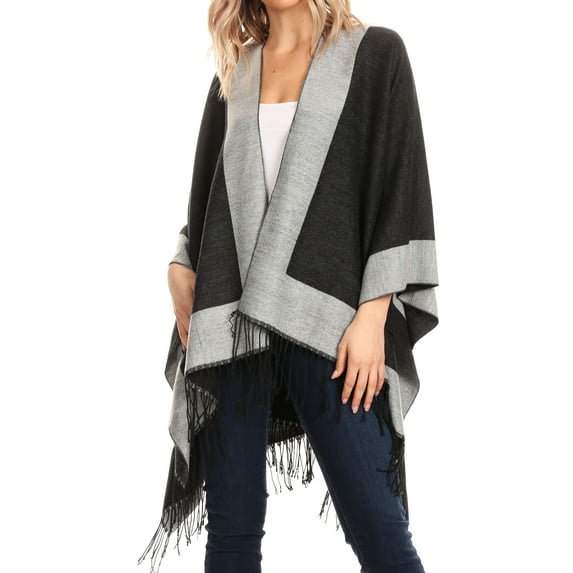 Sakkas Avi Women's Reversible Open Front Poncho Cardigan Ruana Cape Shawl W/Fringe - Border Charcoal - One Size Regular