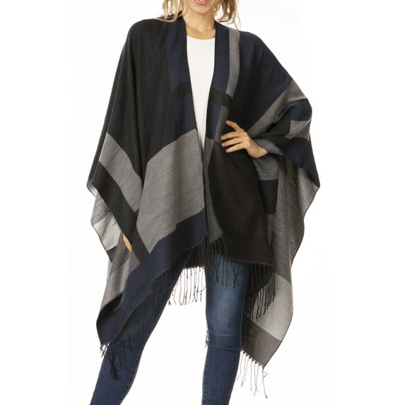 Sakkas Avi Women's Reversible Open Front Poncho Cardigan Ruana Cape Shawl W/Fringe - ColorBlockBlack - One Size Regular