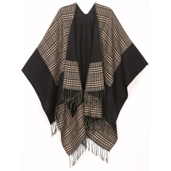 Sakkas Avi Women's Reversible Open Front Poncho Cardigan Ruana Cape Shawl W/Fringe - Gingham Brown - One Size Regular