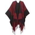 thumbnail image 1 of Sakkas Avi Women's Reversible Open Front Poncho Cardigan Ruana Cape Shawl W/Fringe - Gingham Red - One Size Regular, 1 of 7
