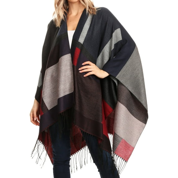 Sakkas Avi Women's Reversible Open Front Poncho Cardigan Ruana Cape Shawl W/Fringe - Gray - One Size Regular