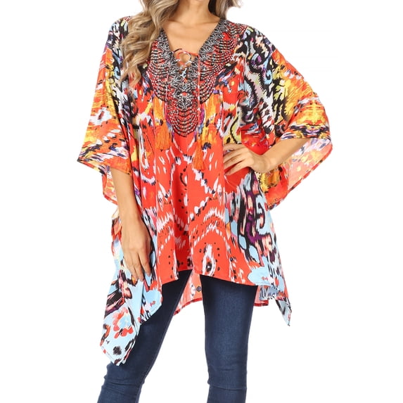 Sakkas Aymee Women's Caftan Poncho Cover up V neck Top Lace up With Rhinestone - IR2-Red - One Size