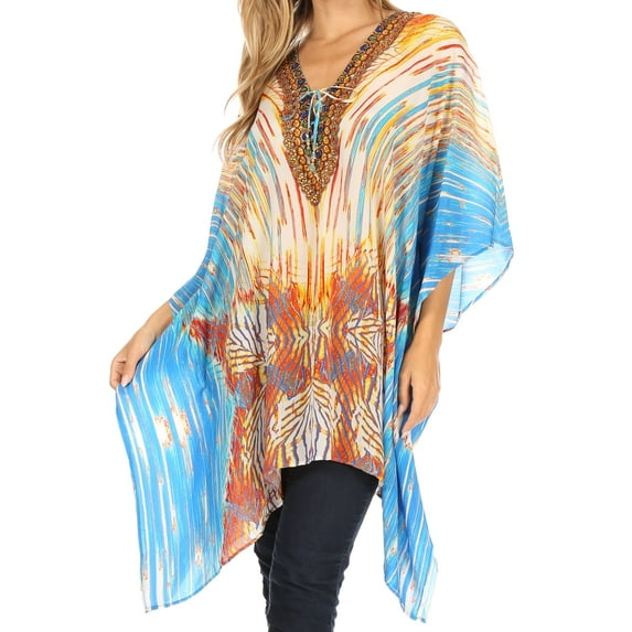 Sakkas Aymee Women's Caftan Poncho Cover up V neck Top Lace up With Rhinestone - LM98-Multi - One Size Regular
