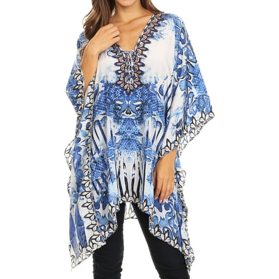 Sakkas Aymee Women's Caftan Poncho Cover up V neck Top Lace up With Rhinestone - SB51-Blue - One Size Regular