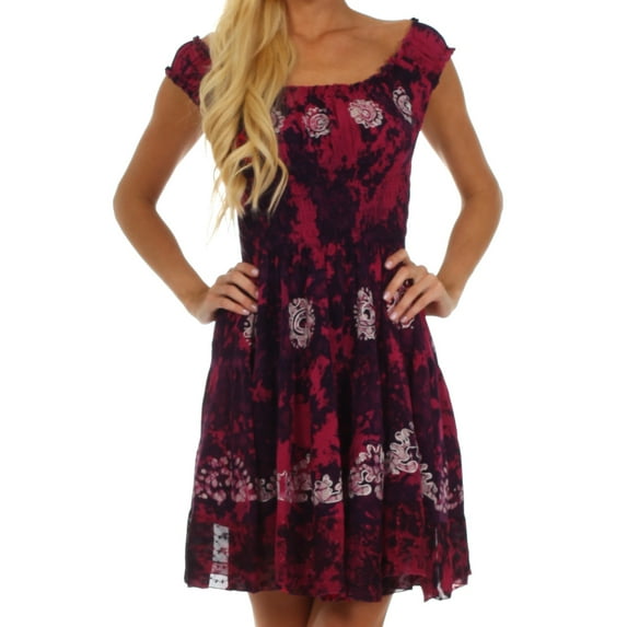 Sakkas Azura Gypsy Boho Peasant Batik Dress - Raspberry - One Size