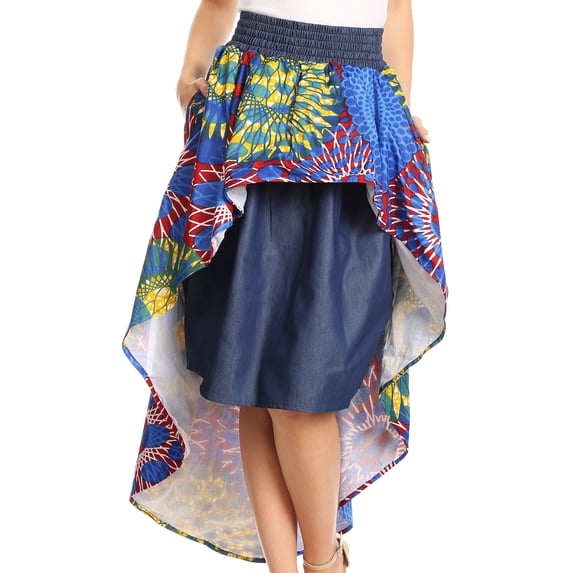 Sakkas Bahati Hi Low Mermaid African Ankara Dutch Wax Cotton Skirt Colorful - Waxbluetribal2 - One Size Regular