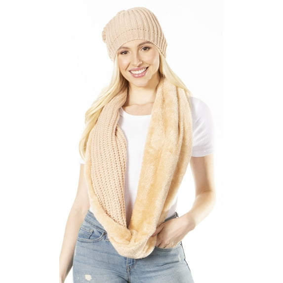 Sakkas Balencia Cool Girl Long Wide Soft Fur Lined Infinity Scarf Beanie Hat Set - Camel - One Size Regular